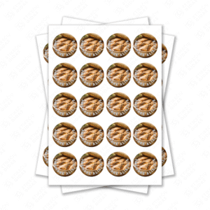 Apvalūs skumbrės aliejuje konservų lipdukai 30 mm lapuose su standartiniais klijais