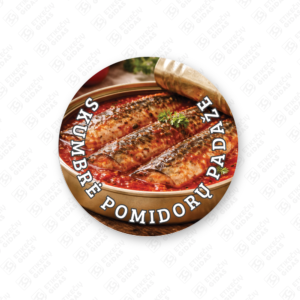 Apvalūs skumbrės pomidorų padaže konservų lipdukai 30 mm lapuose su standartiniais klijais
