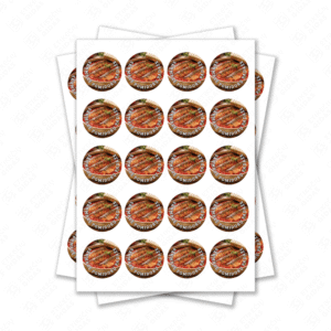 Apvalūs skumbrės pomidorų padaže konservų lipdukai 30 mm lapuose su standartiniais klijais