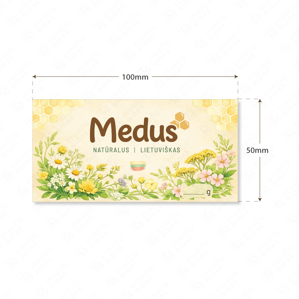 Medaus etiketė su gėlėmis ir pievomis stačiakampė 100 x 50 mm
