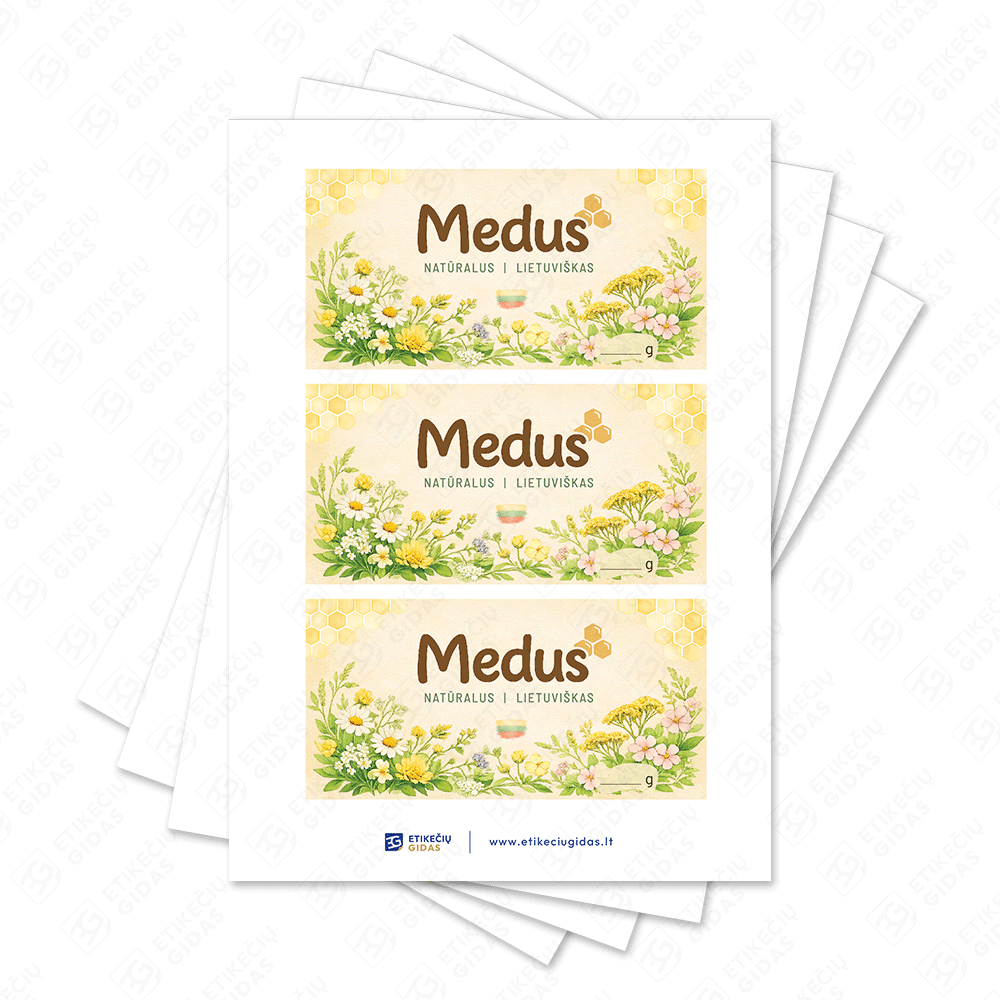 Medaus etiketė su gėlėmis ir pievomis stačiakampė 100 x 50 mm