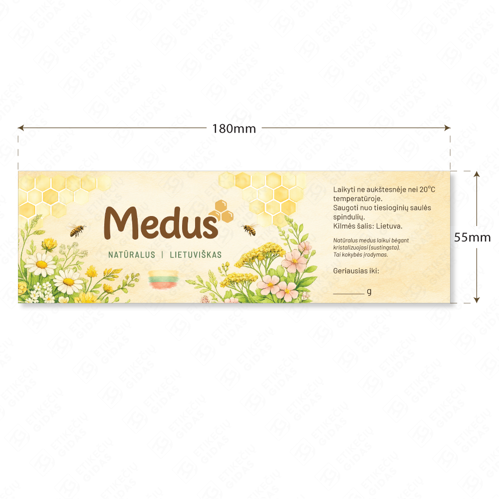 Medaus etiketė su gėlėmis ir pievomis stačiakampė 180 × 55 mm