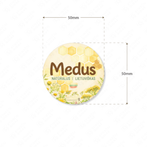 Medaus etiketė su gėlėmis ir pievomis apvali 50 mm