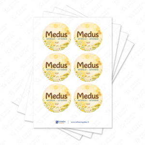 Medaus etiketė su gėlėmis ir pievomis apvali 50 mm