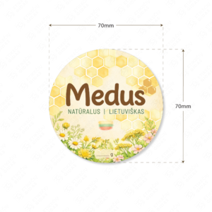 Medaus etiketė su gėlėmis ir pievomis apvali 70 mm