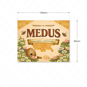 Kaimiško stiliaus medaus etiketė stačiakampė 100 x 80 mm