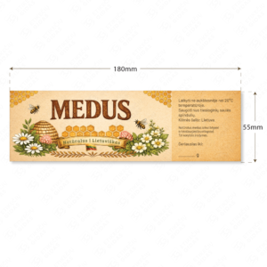 Kaimiško stiliaus medaus etiketė stačiakampė 180 × 55 mm