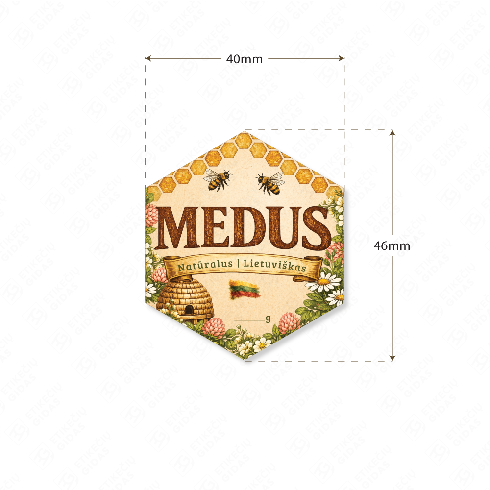 Kaimiško stiliaus medaus etiketė 40 × 46 mm