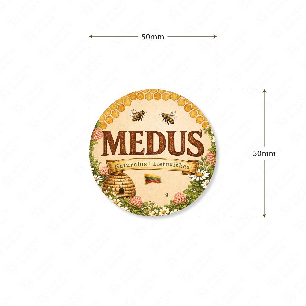 Kaimiško stiliaus medaus etiketė apvali 50 mm