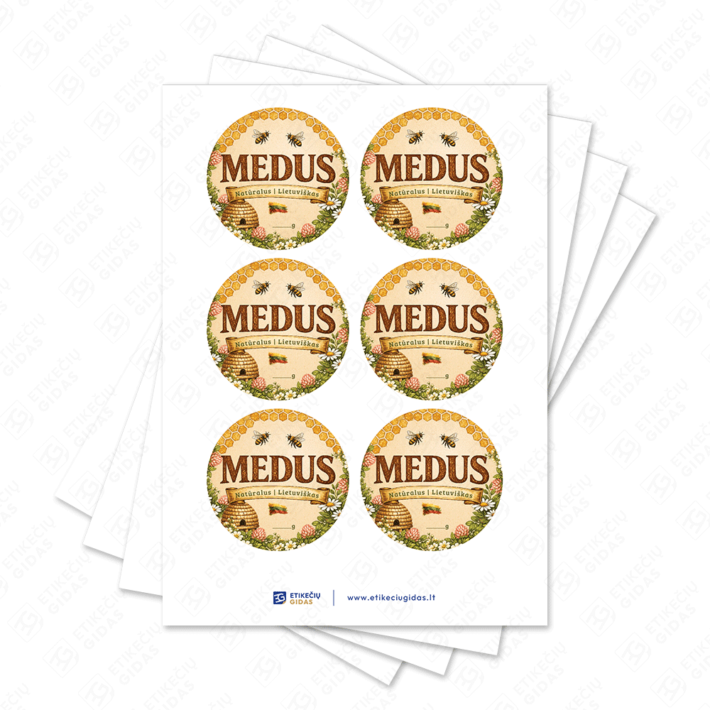 Kaimiško stiliaus medaus etiketė apvali 50 mm