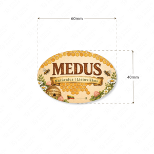 Kaimiško stiliaus medaus etiketė ovali 60 x 40 mm