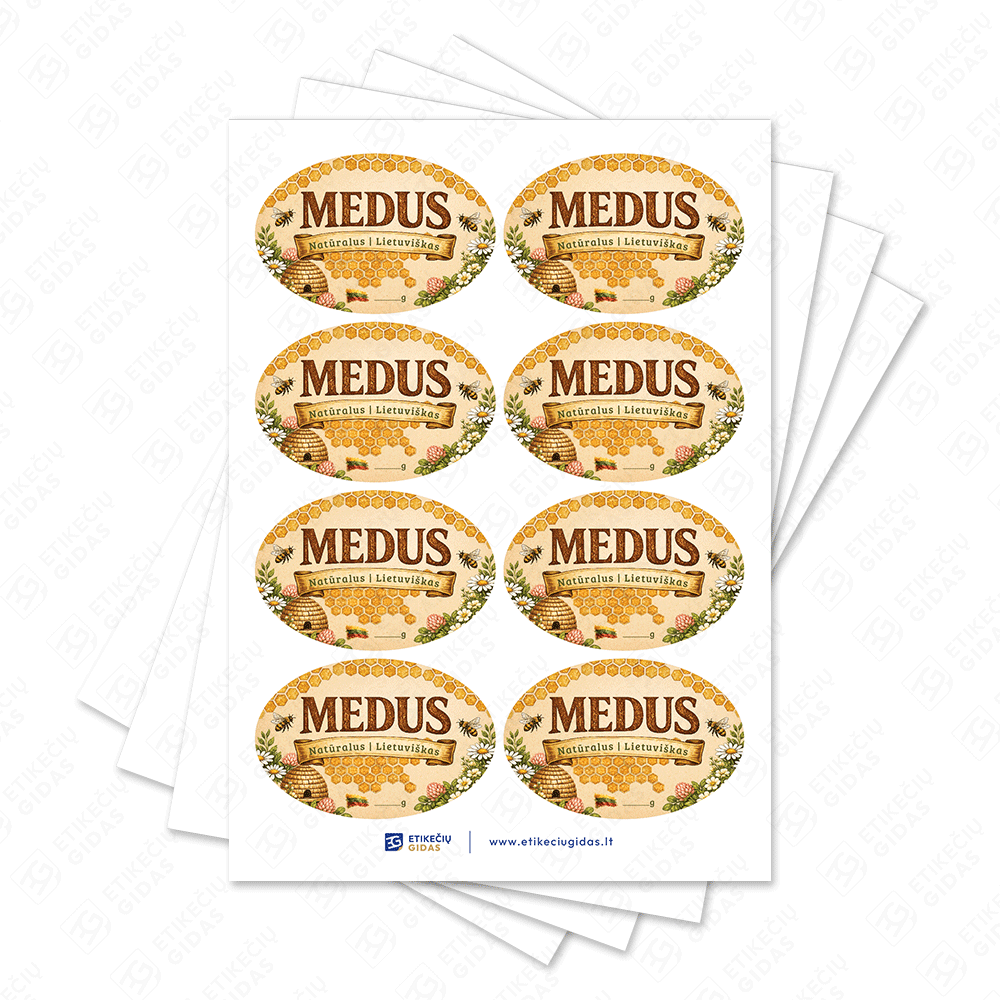 Kaimiško stiliaus medaus etiketė ovali 60 x 40 mm