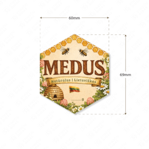 Kaimiško stiliaus medaus etiketė 60 × 69 mm