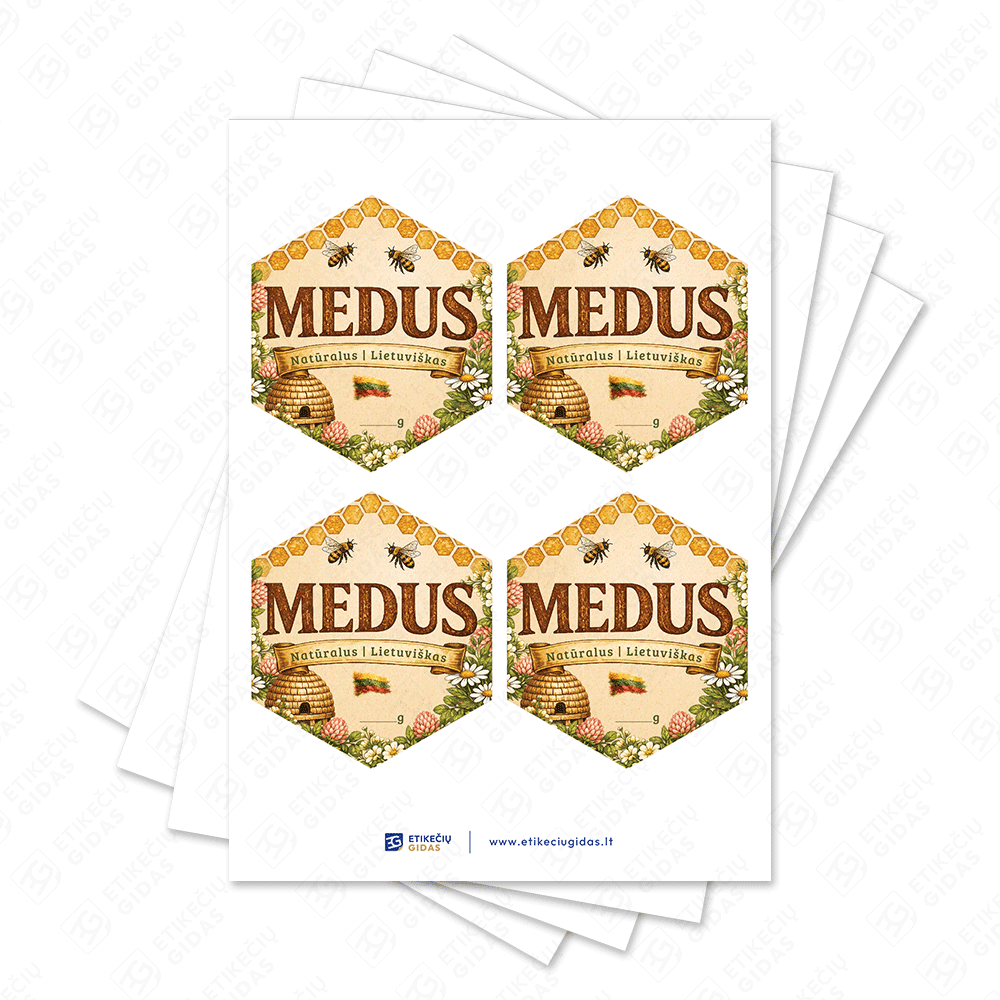 Kaimiško stiliaus medaus etiketė 60 × 69 mm