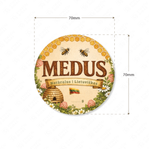 Kaimiško stiliaus medaus etiketė apvali 70 mm