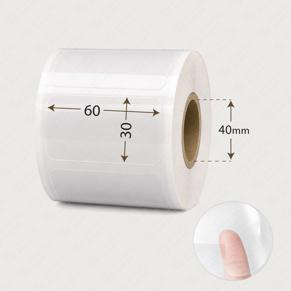 Skaidri plėvelės pagrindo etiketė 60x30 mm, tinkama klijuoti ant skaidrių paviršių, stiklo, plastiko ir kt.