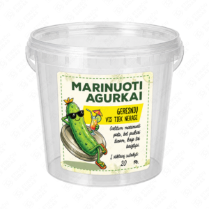 Marinuotų agurkų etiketė - lipdukas. 100x100 mm. Ant kibirėlio.