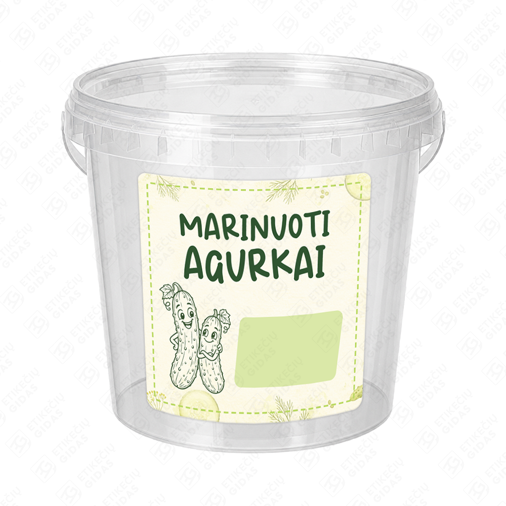 Marinuotų agurkų etiketė - lipdukas. 100x100 mm. Ant kibirėlio.