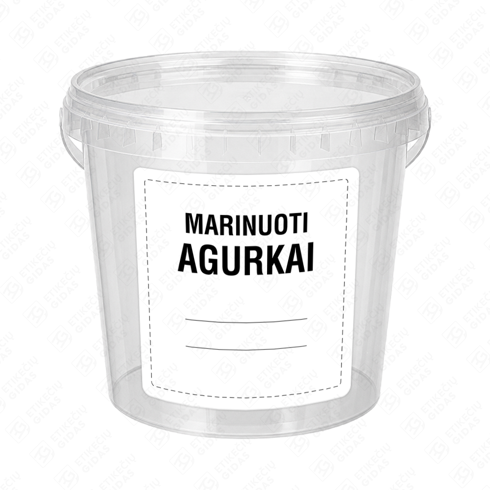 Marinuotų agurkų etiketė - lipdukas. 100x100 mm. Ant kibirėlio.