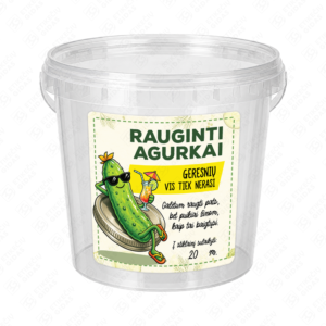 Raugintų agurkų etiketė - lipdukas. 100x100 mm. Ant kibirėlio.