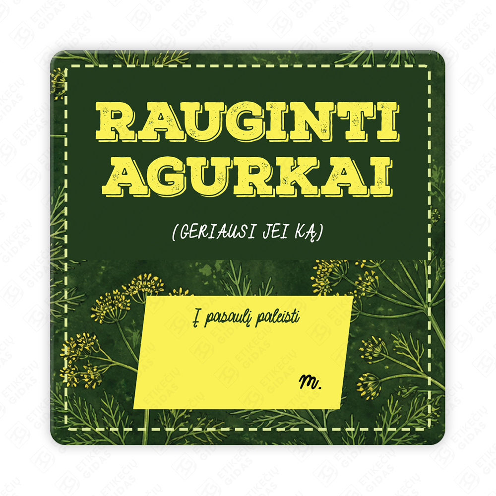 Raugintų agurkų etiketė - lipdukas. 50x50 70x70 100x100