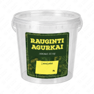 Raugintų agurkų etiketė - lipdukas. 100x100 mm. Ant kibirėlio.