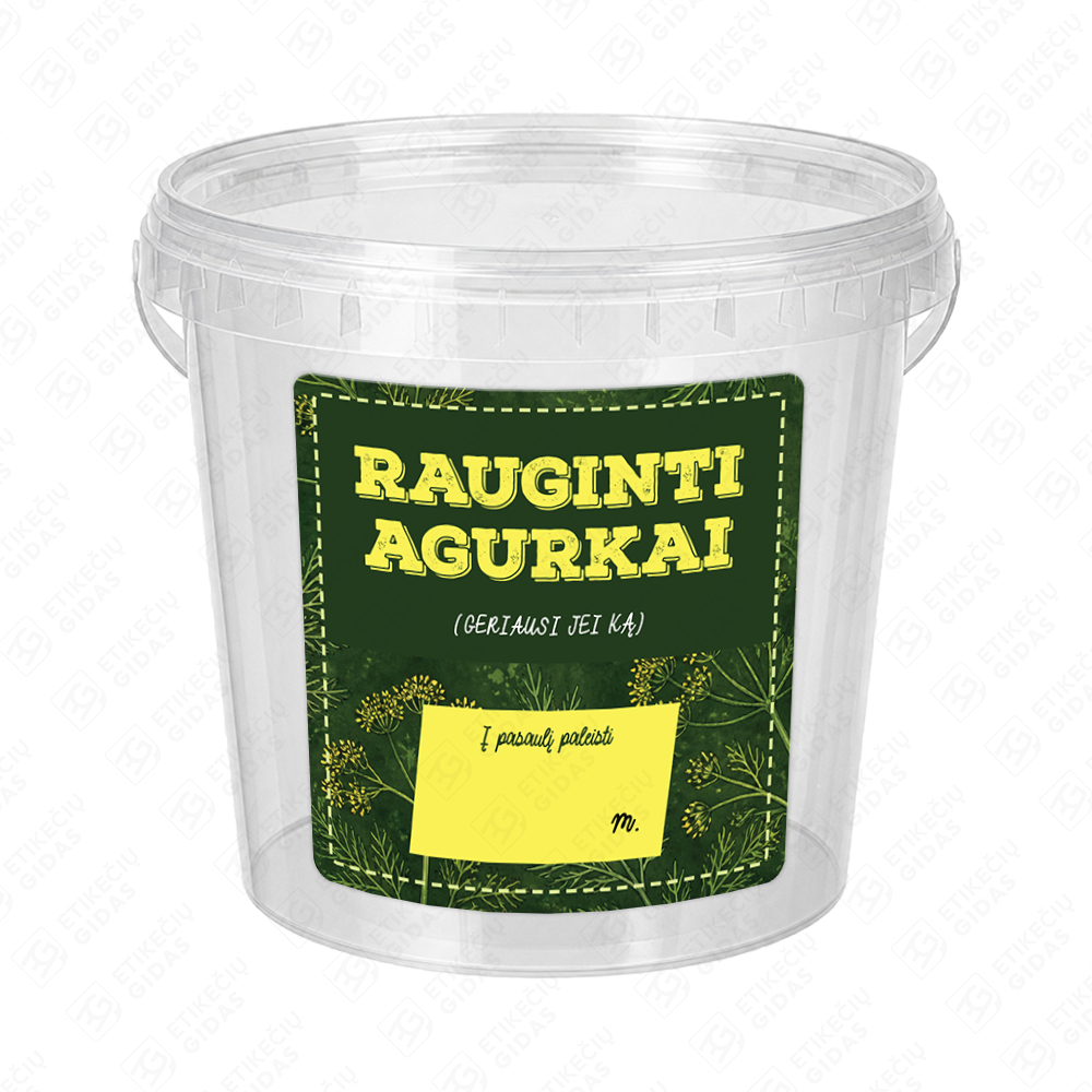 Raugintų agurkų etiketė - lipdukas. 100x100 mm. Ant kibirėlio.