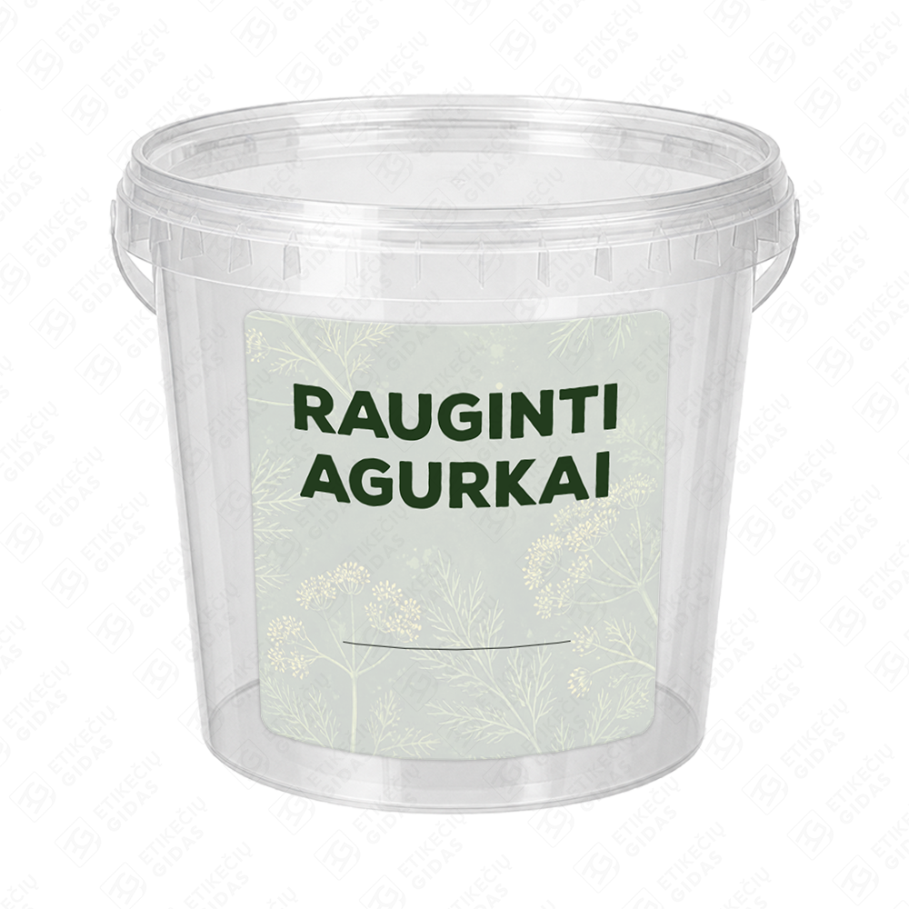 Raugintų agurkų etiketė - lipdukas. 100x100 mm. Ant kibirėlio.