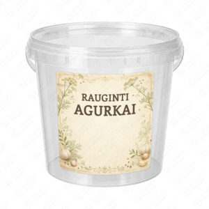Raugintų agurkų etiketė - lipdukas. 100x100 mm. Ant kibirėlio.