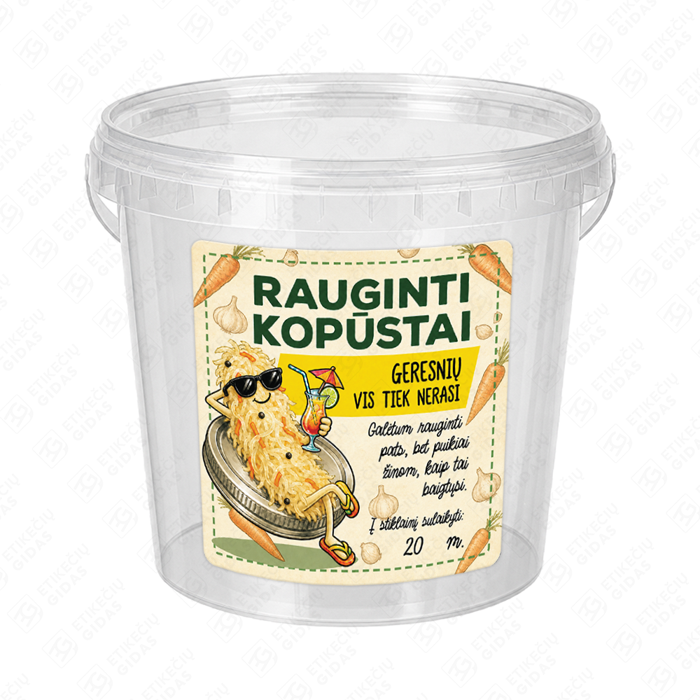 Raugintų kopūstų etiketė - lipdukas. 100x100 mm. Ant kibirėlio.