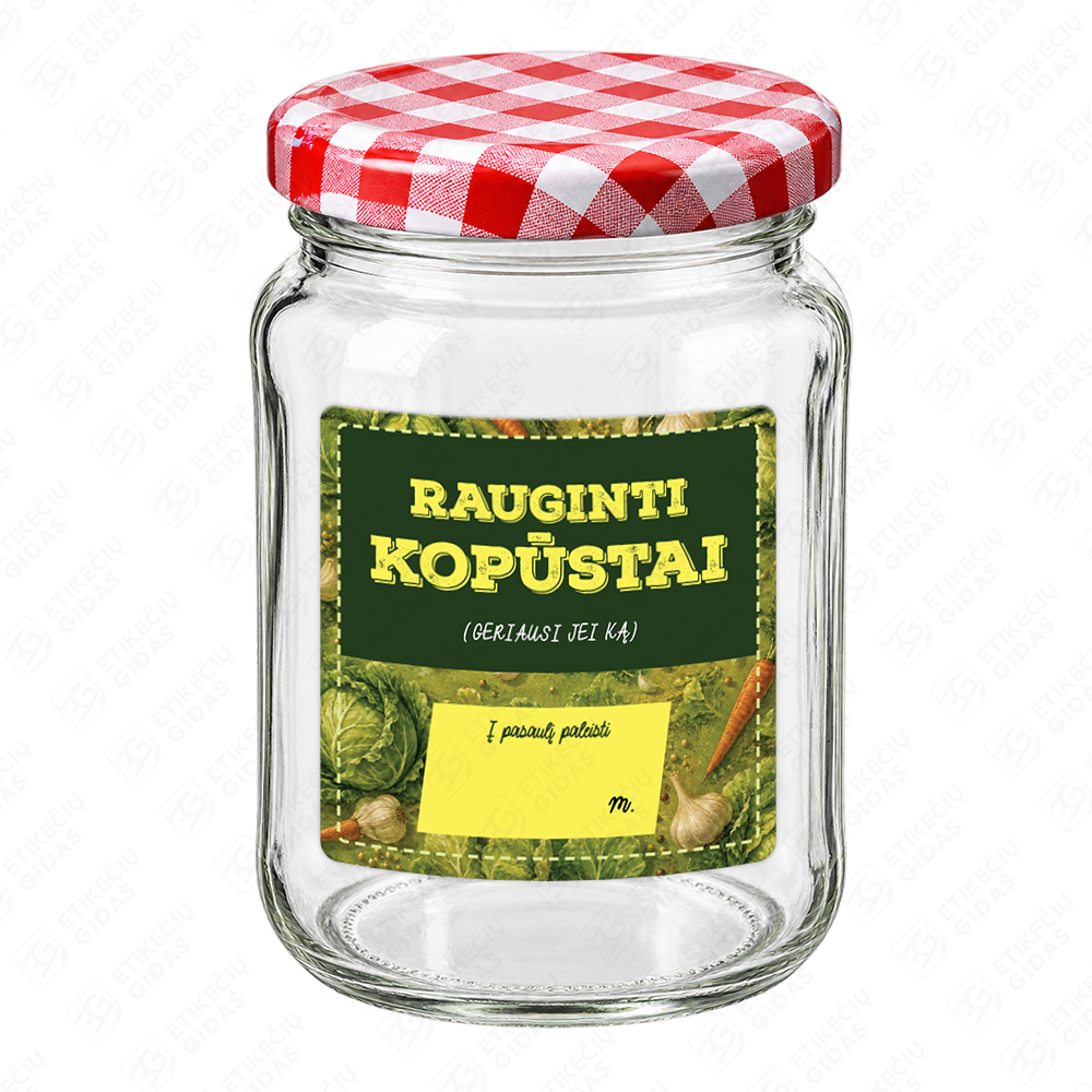 Raugintų kopūstų etiketė - lipdukas. 70x70 mm. Ant stiklainio.