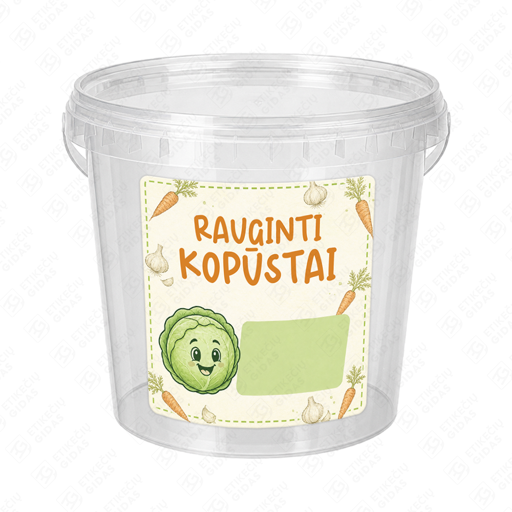 Raugintų kopūstų etiketė - lipdukas. 100x100 mm. Ant kibirėlio.