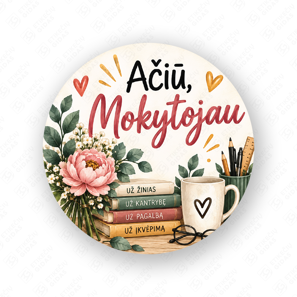 Mokytoju dienos lipdukas 40 mm, apvalus